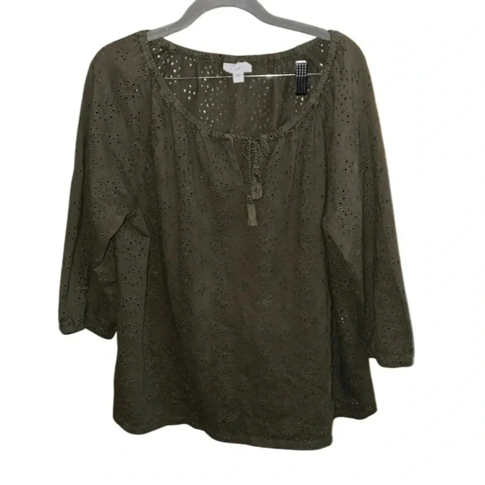 J. Jill Olive Green Eyelet Blouse Size Large